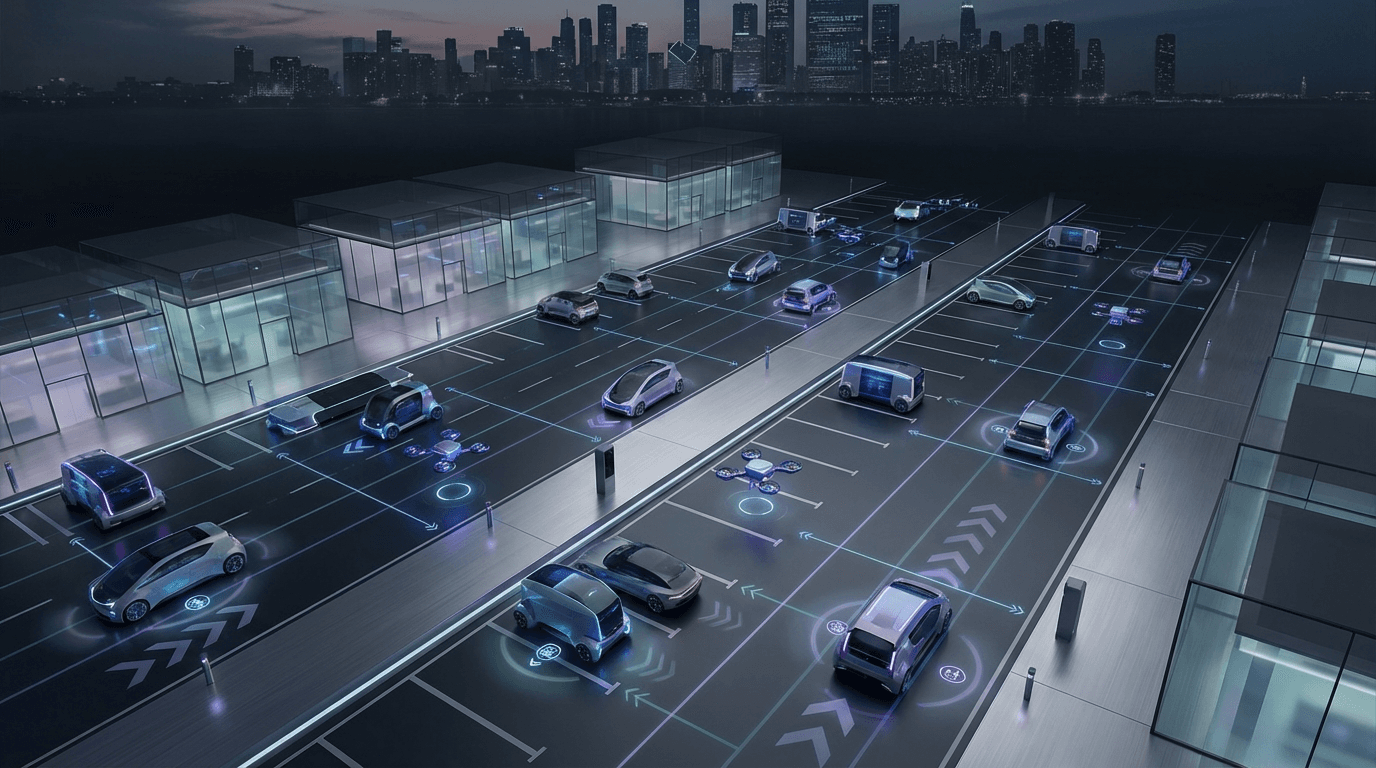 Autonomous vehicles arriving at intelligent commerce surfaces - curbside coordination, trunk loading, and multi-revenue retail hubs.
