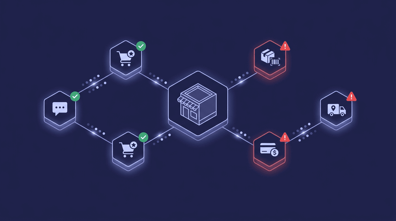 A retail storefront at the centre of a multi-agent ecosystem showing verified and unverified agents across shopping, payment, inventory, and logistics functions.